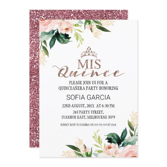 Modern Rose Gold Floral Watercolor Quinceañera