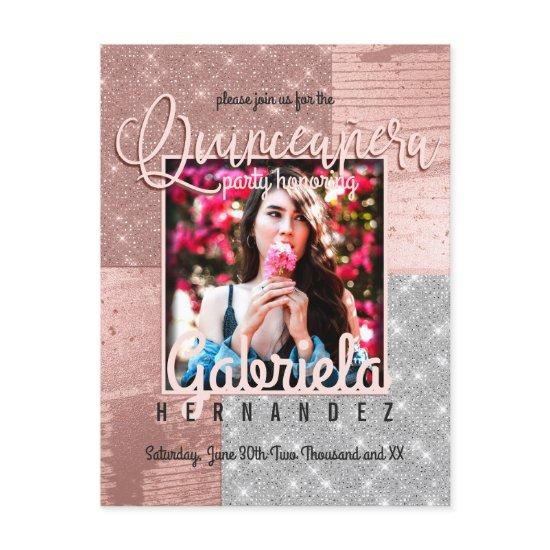 Modern Rose Gold Silver Glitter Photo Quinceañera  Postcard