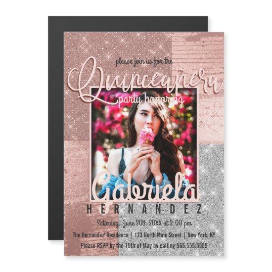 Modern Rose Gold Silver Glitter Photo Quinceañera Magnetic