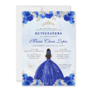 Modern Royal Blue Gold Floral Princess Quinceañera