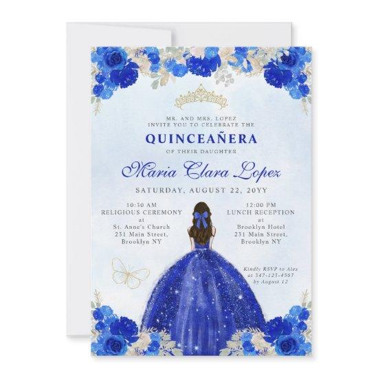 Modern Royal Blue Gold Floral Princess Quinceañera