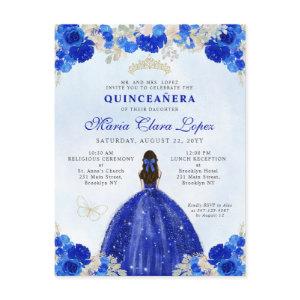 Modern Royal Blue Gold Floral Princess Quinceañera Postcard
