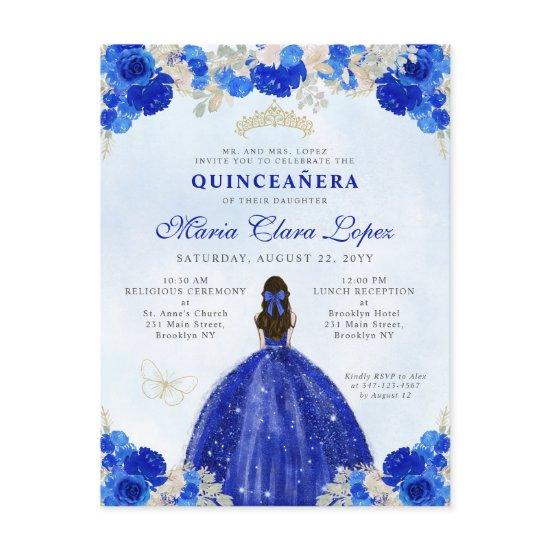 Modern Royal Blue Gold Floral Princess Quinceañera Postcard