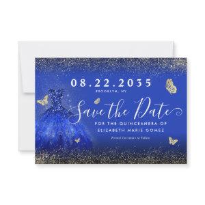Modern Royal Blue Gold Glitter Gown Quinceanera Save The Date