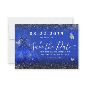 Modern Royal Blue Silver Glitter Gown Quinceanera Save The Date
