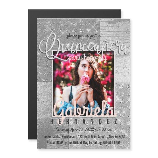 Modern Silver Glitter Photo Quinceañera Magnetic