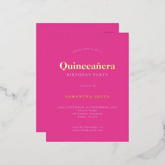 Modern Simple Hot Pink Quinceañera Foil  Postcard