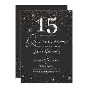 Modern Sparkly Black Glitter Confetti Quinceañera