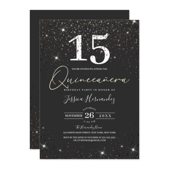 Modern Sparkly Black Glitter Confetti Quinceañera