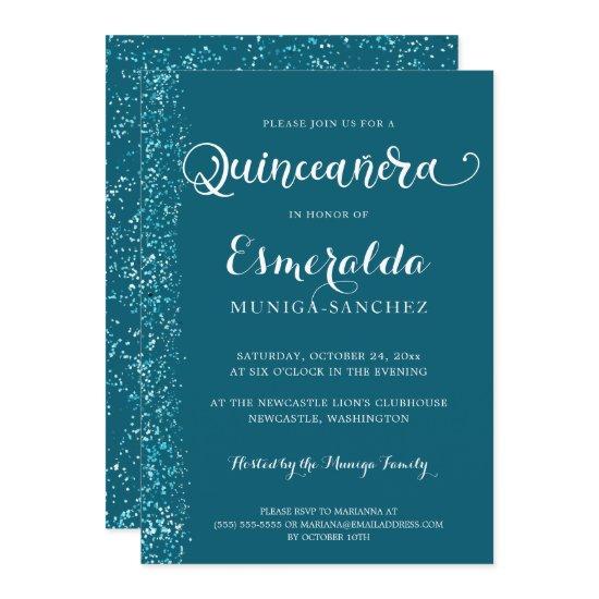 Modern Teal Blue Silver Sparkle Quinceanera