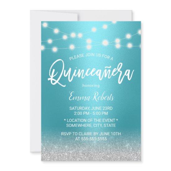 Modern Turquoise & Silver Glitter Quinceanera 15