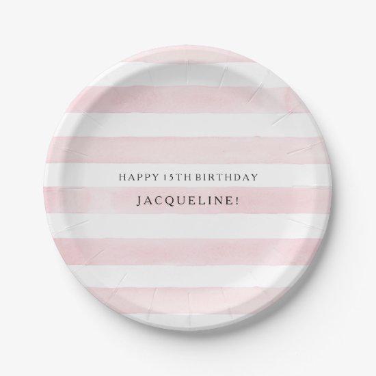 MODERN Watercolor Chic Wide Stripes w Roses Paper Plates