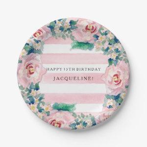 MODERN Watercolor Chic Wide Stripes w Roses Paper Plates