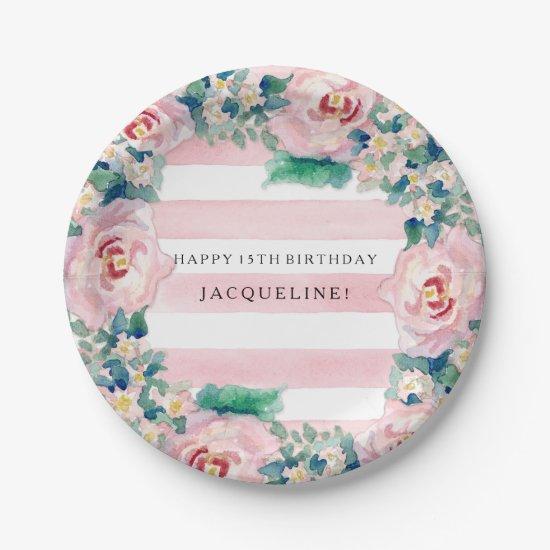 MODERN Watercolor Chic Wide Stripes w Roses Paper Plates