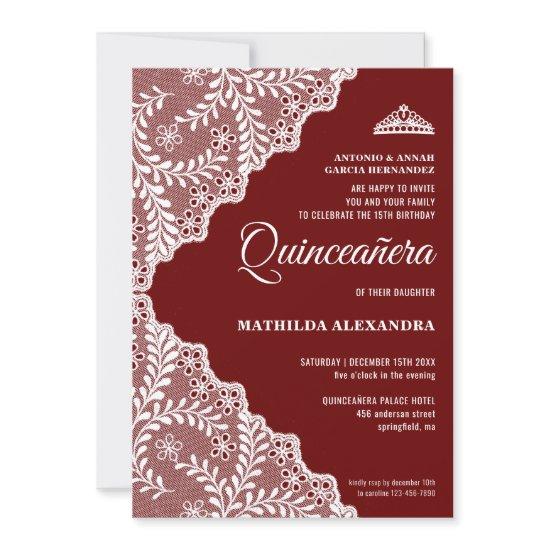 Modern White Floral Lace Burgundy Quinceanera
