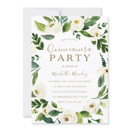 Modern White Floral Wreath Quinceanera Party