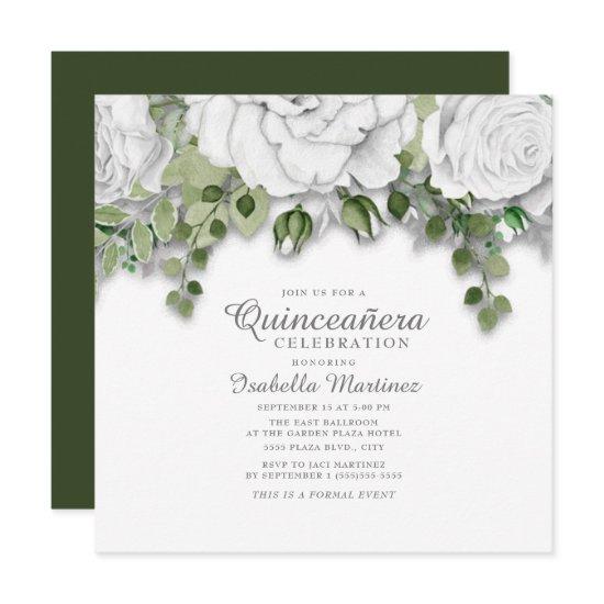 Modern White Flowers Green Leaves Quinceañera