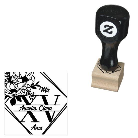 Monogram Quinceanera Mis XV 15 Geometric Floral Rubber Stamp
