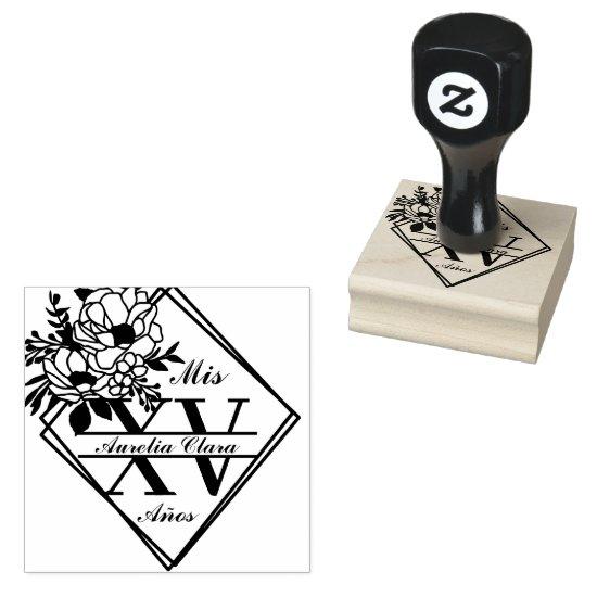 Monogram Quinceanera Mis XV Geometric Floral  Rubber Stamp