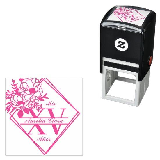 Monogram Quinceanera Mis XV Geometric Floral  Self-inking Stamp