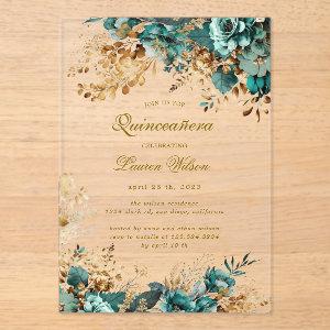 Moody Floral Teal Quinceañera Acrylic