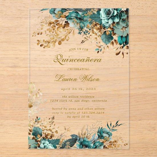 Moody Floral Teal Quinceañera Acrylic