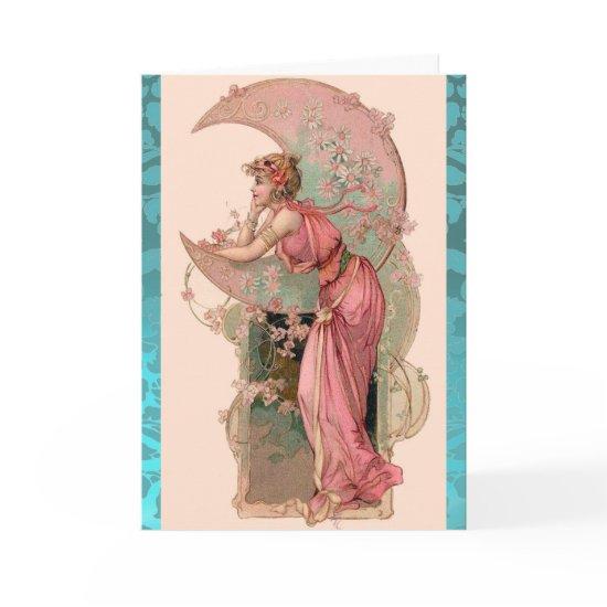 MOON LADY,FLOWERS  AND ROSES,PINK BLUE DAMASK CARD
