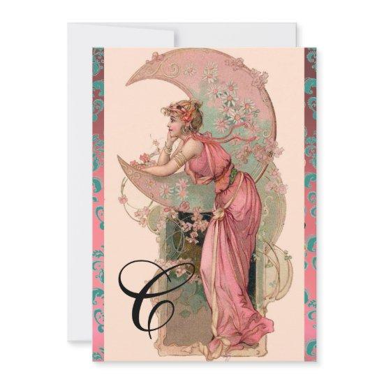 MOON LADY,FLOWERS ,ROSES,PINK BLUE DAMASK MONOGRAM