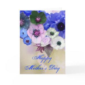 MOTHER'S DAY WHITE BLUE  ROSES AND ANEMONE FLOWERS CARD