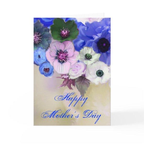 MOTHER'S DAY WHITE BLUE  ROSES AND ANEMONE FLOWERS CARD