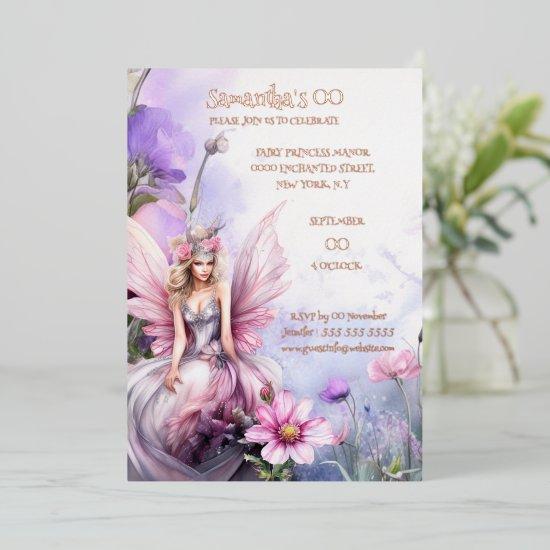 Mythical watercolor fairy princess pink floral  foil