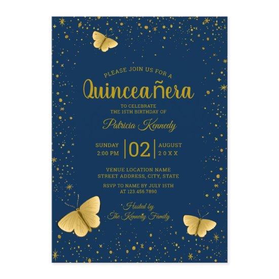 Navy And Gold Glitter Butterfly Quinceanera