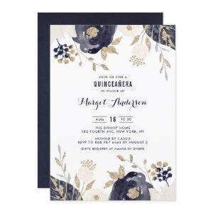 Navy and Ivory Flowers Gold Foil Quinceanera