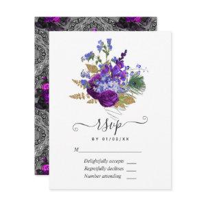 Navy and Purple Vintage Peacock Floral Quinceañera RSVP Card