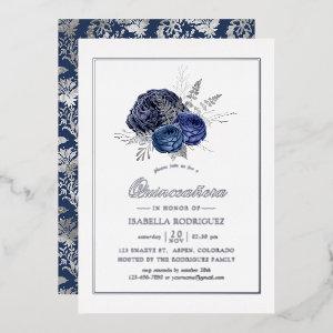 Navy and Silver Floral Quinceañera  Foil