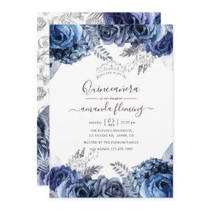 Navy and White with Silver Foil Floral Quinceañera