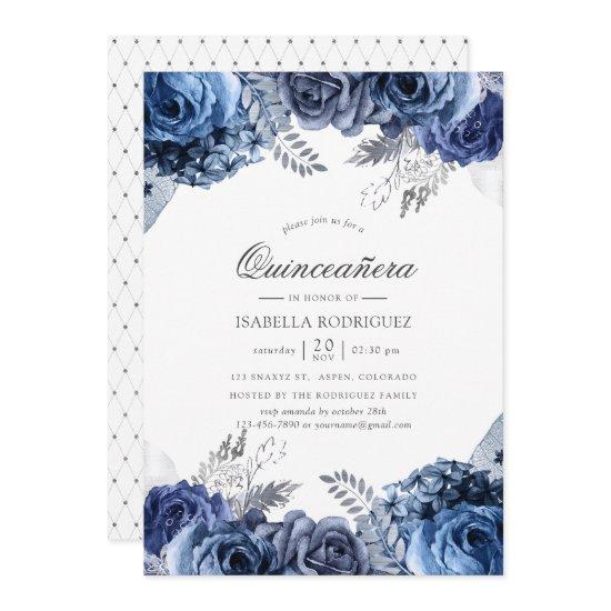 Navy and White with Silver Foil Floral Quinceañera