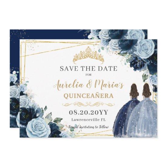 Navy Baby Blue Floral Twins Quinceanera Sweet 16 Save The Date