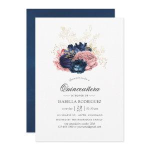Navy Blue and Blush Pink Vintage Roses Quinceañera
