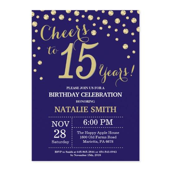 Navy Blue and Gold 15th Birthday Diamond