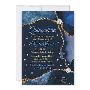 Navy Blue and Gold Faux Glitter Agate Quinceanera