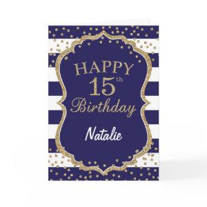 Navy Blue and Gold Glitter 15th Birthday Card