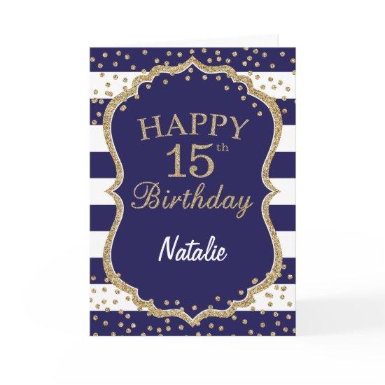 Navy Blue and Gold Glitter 15th Birthday Card