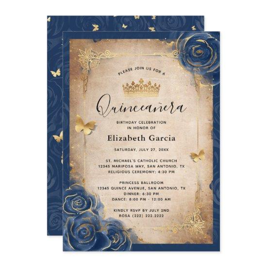 Navy Blue and Gold Royal Rose Elegant Quinceanera