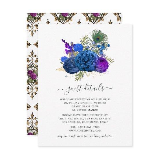 Navy Blue and Gold Vintage Peacock Guest Details Enclosure Card