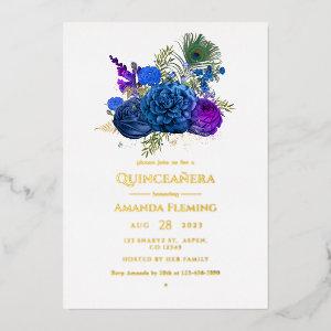 Navy Blue and Gold Vintage Peacock Quinceañera Foi Foil