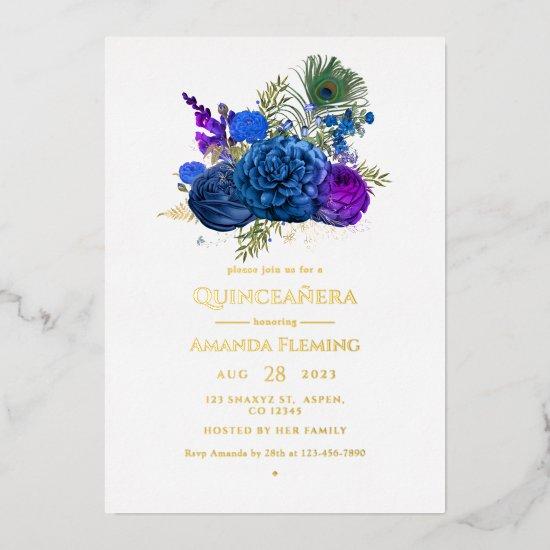 Navy Blue and Gold Vintage Peacock Quinceañera Foi Foil