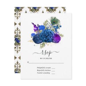 Navy Blue and Gold Vintage Peacock RSVP Card