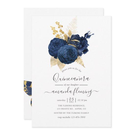 Navy Blue and Gold Vintage Rose Quinceañera