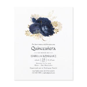 Navy Blue and Gold Vintage Rose Quinceañera Invite Flyer
